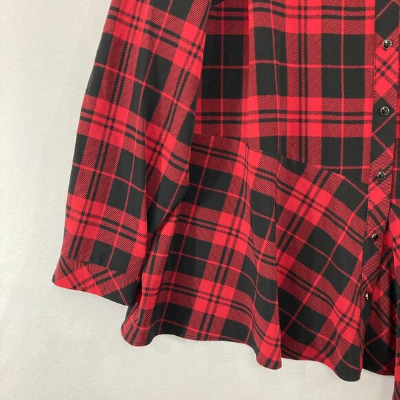 Susan Graver Top size 2X Red Black Plaid Preppy Asymmetric Hem Button Down - Picture 4 of 9